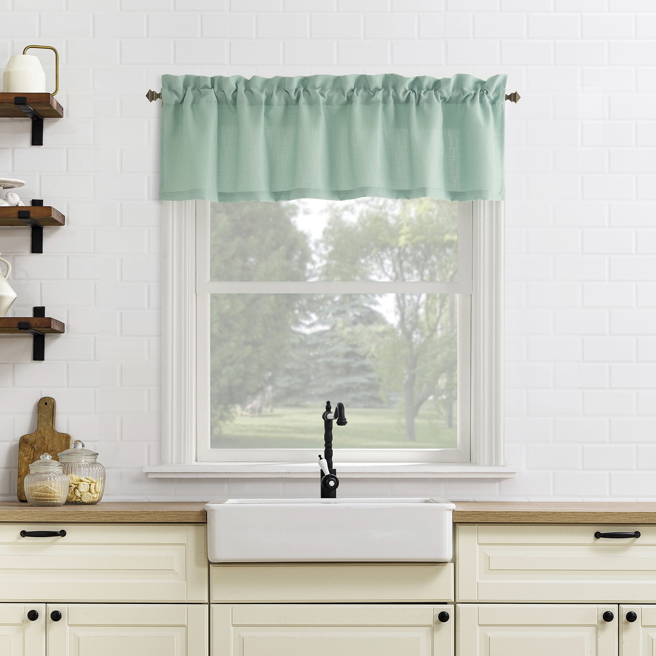 Mainstays 3-Piece Textured Semi Sheer Rod Pocket Kitchen Window Tier Pair and Valance, 2 Café Curtains and 1 Curtain Valance, Aqua, 56"W x 36"L