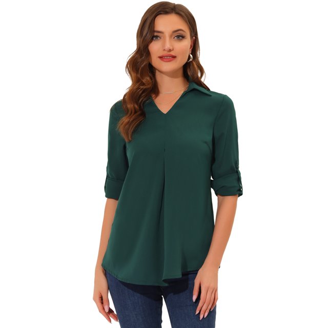 Túnica informal Allegra K de manga 3/4 con cuello en punta y plisado para mujer Verde oscuro XL