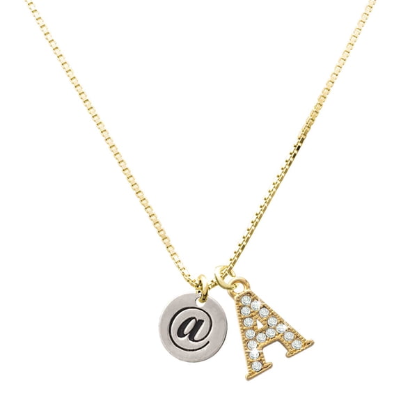 Delight Jewelry Silver-tone Disc 1/2'' - Symbol - At Sign - @ - Large Goldtone Crystal Initial - A - Charm Necklace, 17.5" 2"