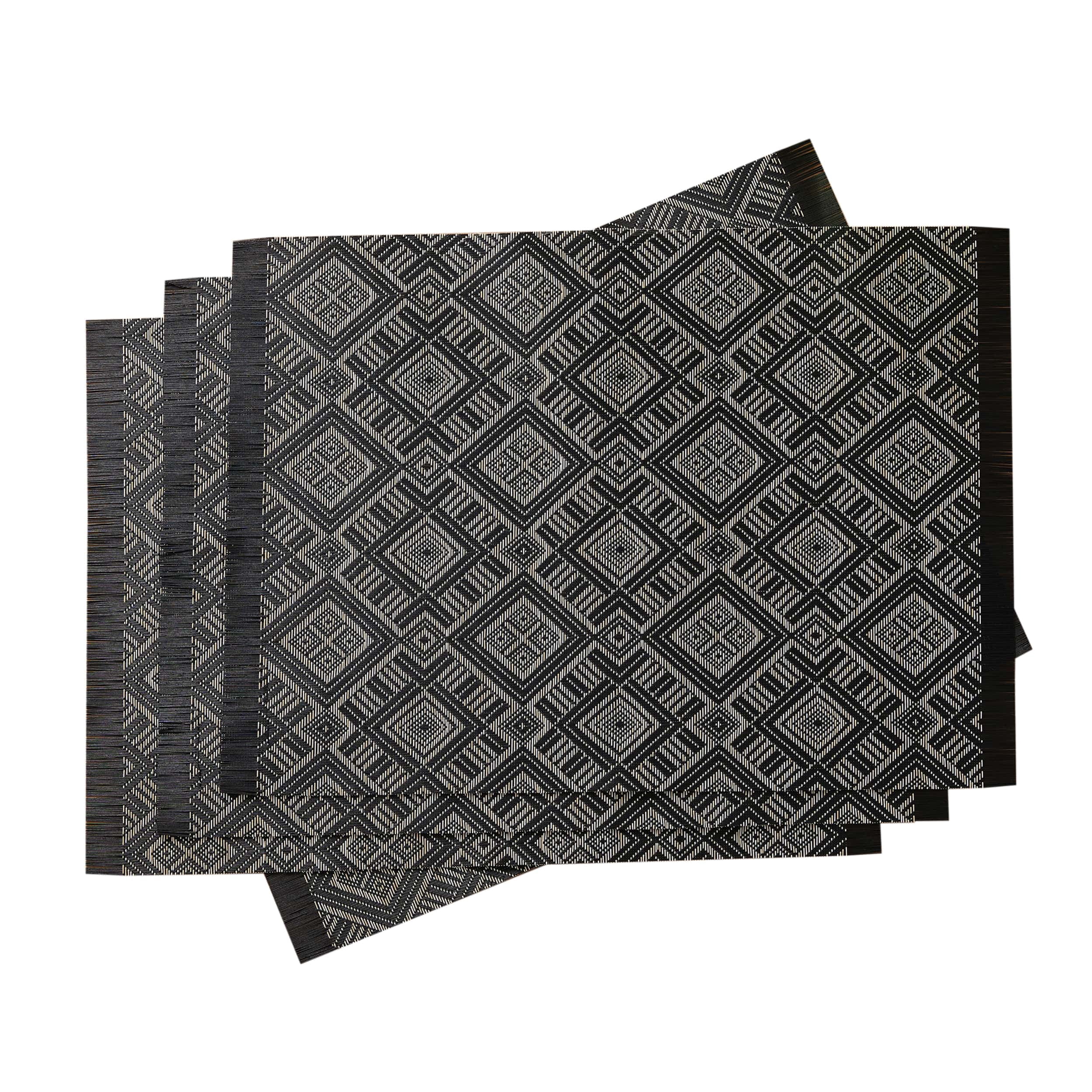 B. Smith Vinyl Woven Diamond Print Placemats, Black and Ivory (4 Pack) , 13" x 18"