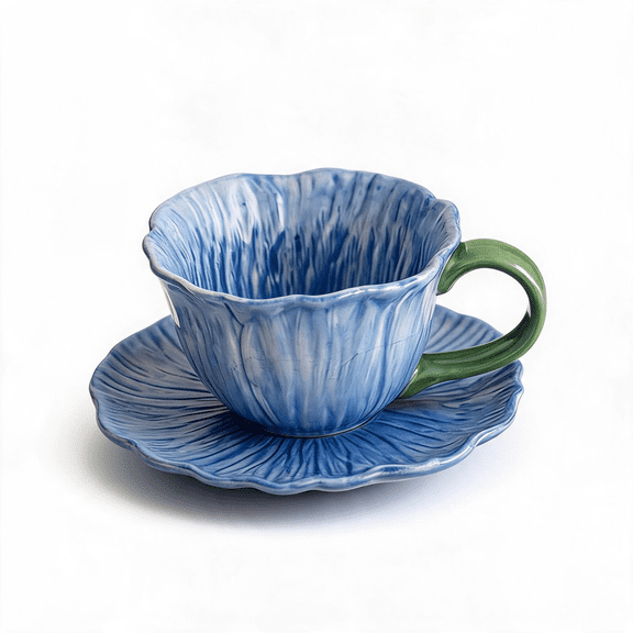 10 oz Floral Ceramic Latte Cup and Saucer Set, Cute Tea Mug for Cappuccino & Espresso, Blue
