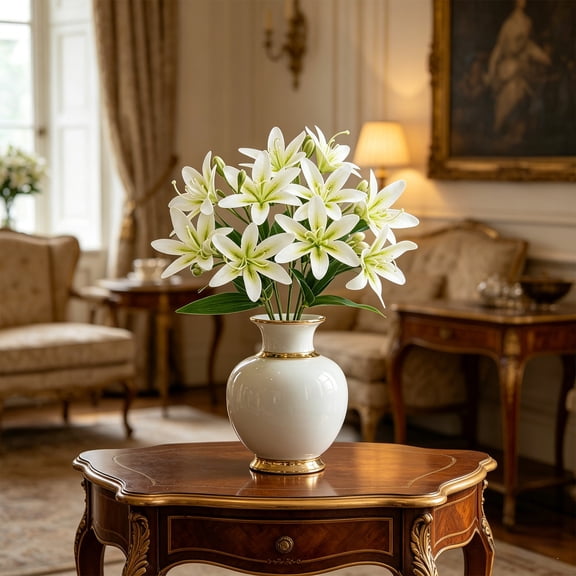 Lilies Artificial Flowers, Pre-Wedding Floral Decoration, 13.78 Inch White Silk Lily Bouquet, Faux Flowers For Wedding Home Photography Centerpiece
