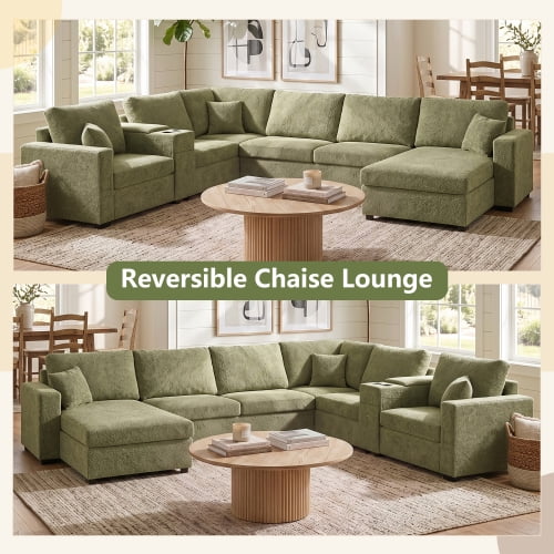 134" U-Shape Modular Sectional Sofa, 5-Seat Couch with Chaise Lounge, Deep Seat, Built-In Cup Holders, Storage Drawer and Pillows, Green