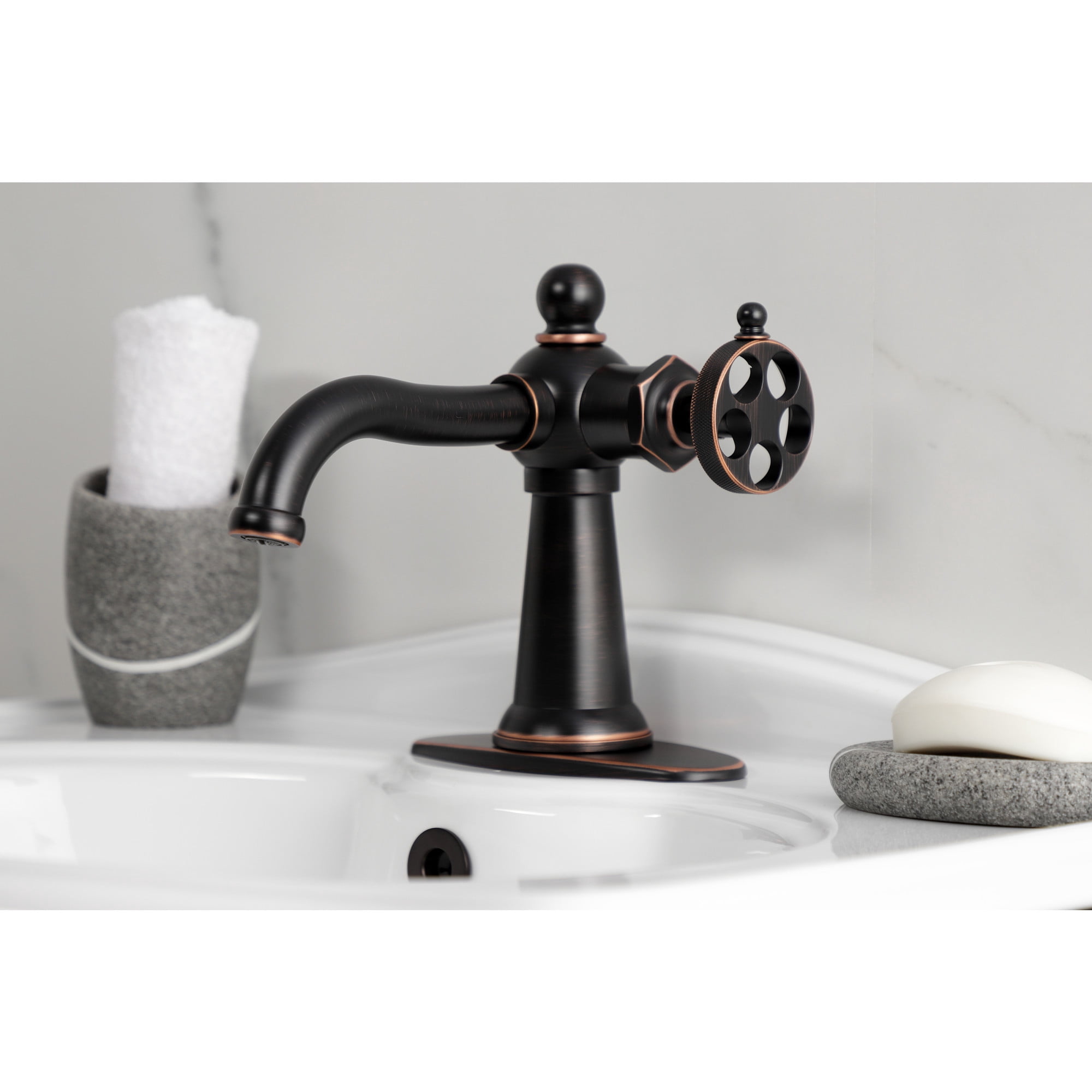 Kingston Brass KSD354RKZNB Wendell One-Handle Single-Hole Bathroom Faucet with Knurled Handle and Push Pop-Up Drain, Naples Bronze
