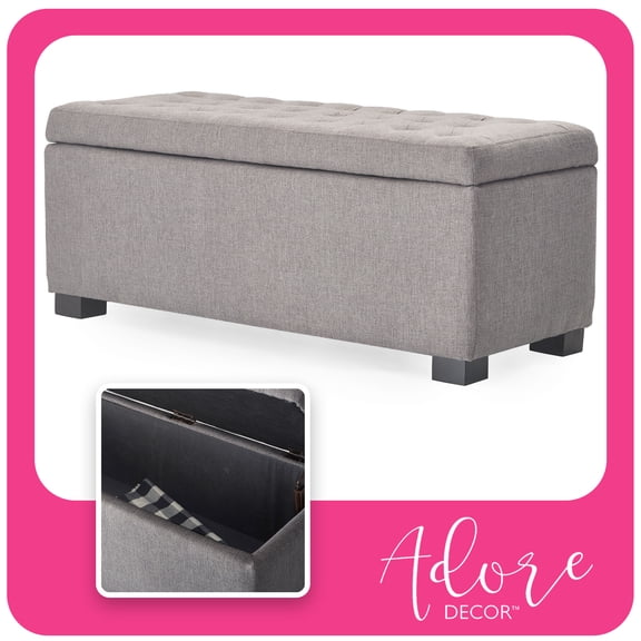 Adore Decor Arlo Wood and Tufted Linen Storage Bench in Gray