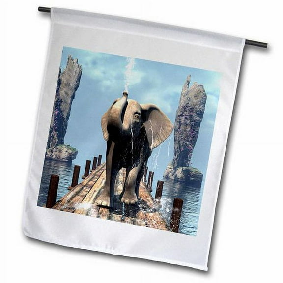 3dRose, Cute elephant on a jetty, 12 x 18 inch Garden Flag