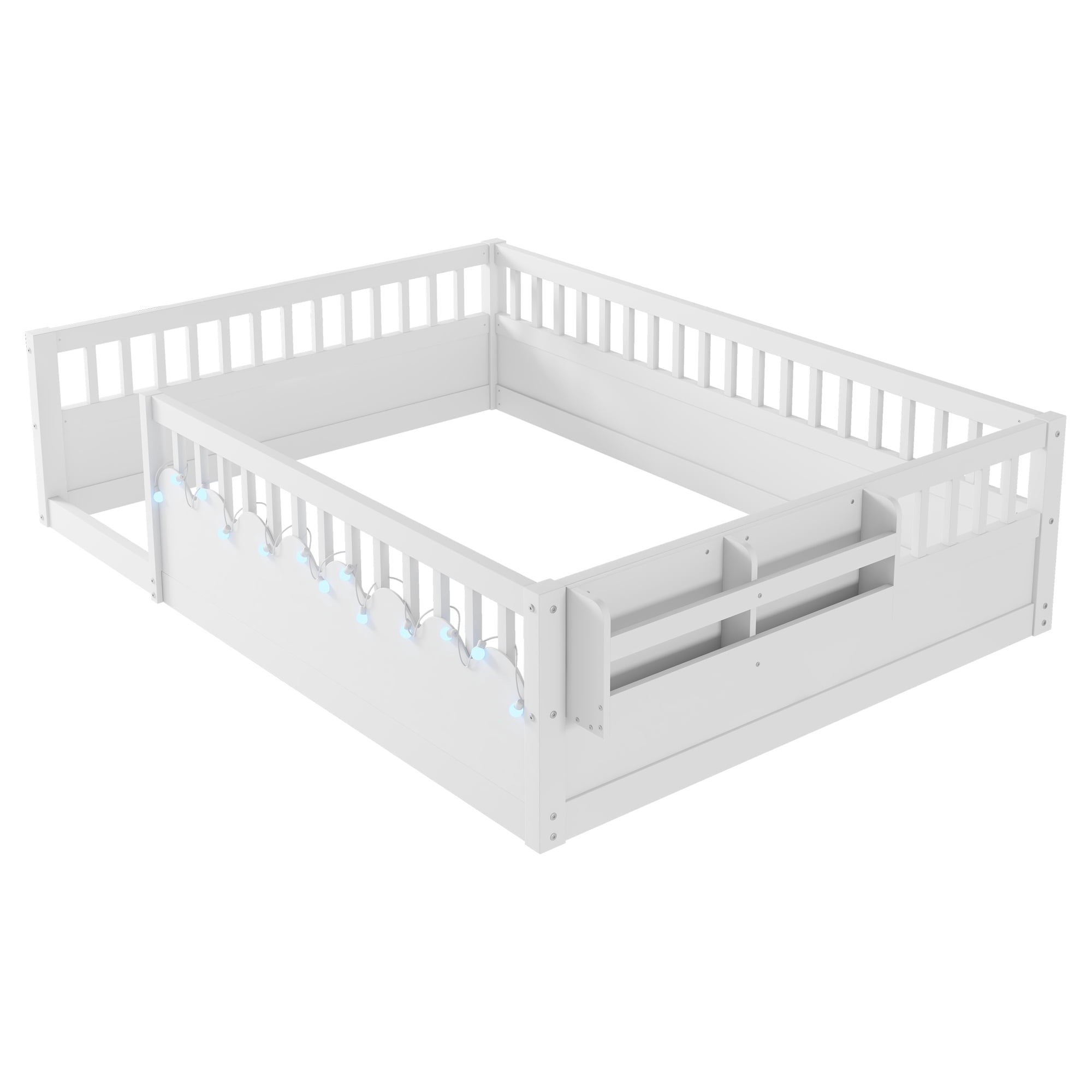 Euroco Wood Full Size Montessori Floor Bed with Guardrails and LED Light, Kids Bed with Storage Shelves, White