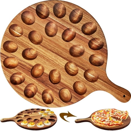 Upgraded Reversible Acacia Wood Deviled Egg Tray with Handle - 24 Hole Round Charcuterie Board, Dual-Side Serving Platter and Cutting Board for Kitchen, Parties, Easter, Christmas