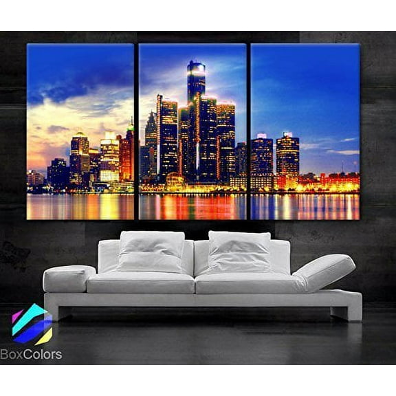 BoxColors - Large 30"x 60" 3 Panels 30x20 Ea Art Canvas Print Beautiful Detroit Skyline multi color Wall Home (Included Framed 1.5" Depth)