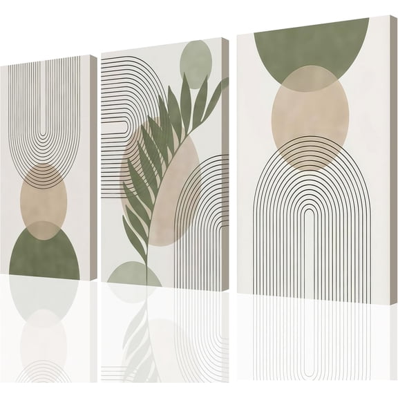 Set 3 Green Boho Wall Art, Minimalist Framed Wall Art Geometric Line Leaf Sun Moon Beige Green Canvas Paintings, Sage Green Abstract Wall Art for the Living Room, Bedroom 12X16 in