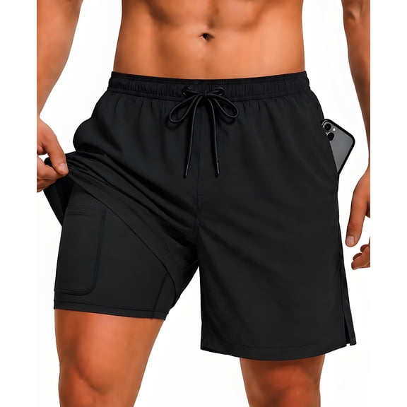 Men's Swim Trunks with Compression Liner, Summer Quick Dry Beach Drawstring Board Shorts，5" Inseam Swimwear Swimsuit Swimming Shorts for Men(S, Black)