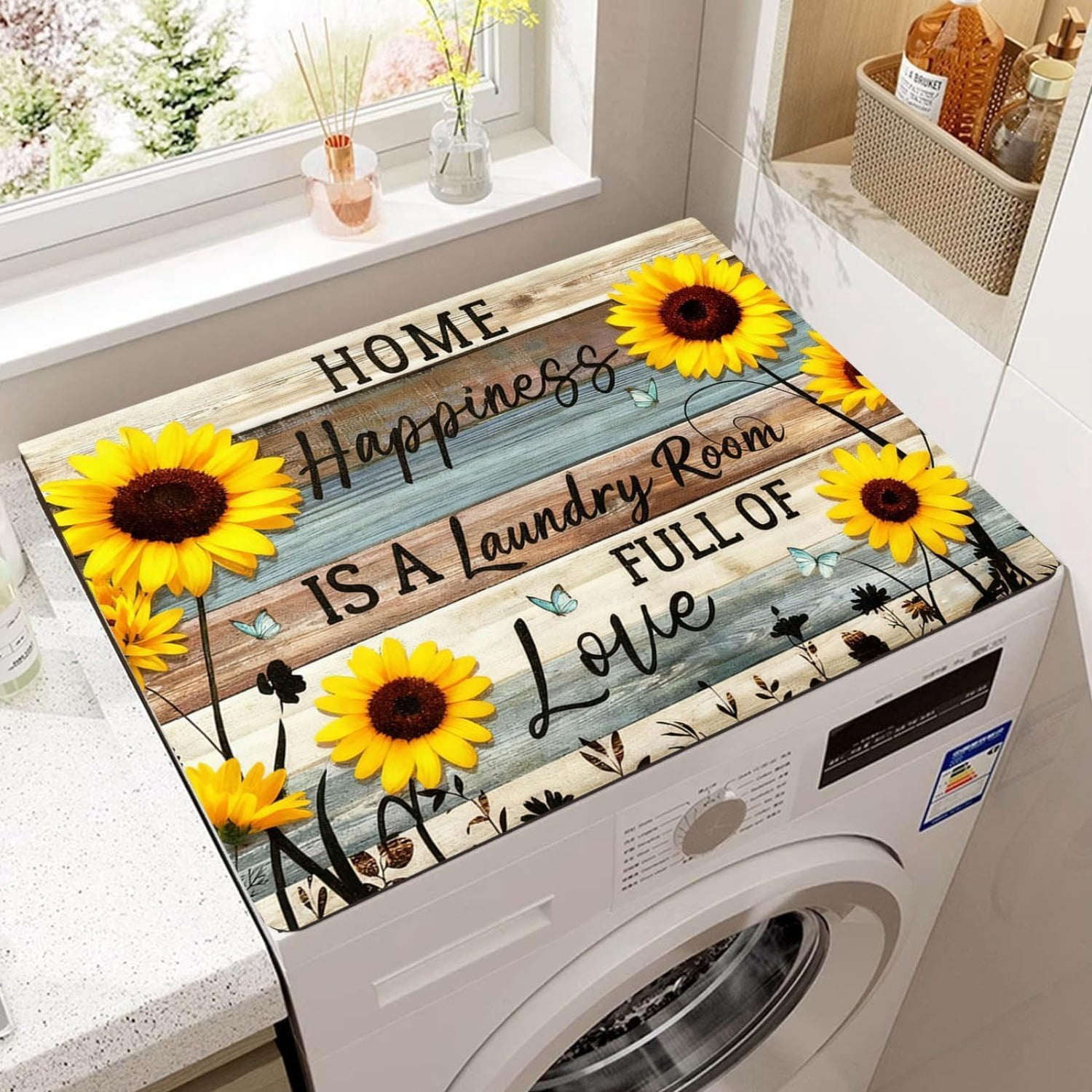 Vintage Sunflower Washer Dryer Top Cover, Retro Farmhouse Non-Slip Washing Machine Mat, Laundry Room Countertop Protector Pad, 23.6" x 19.7"