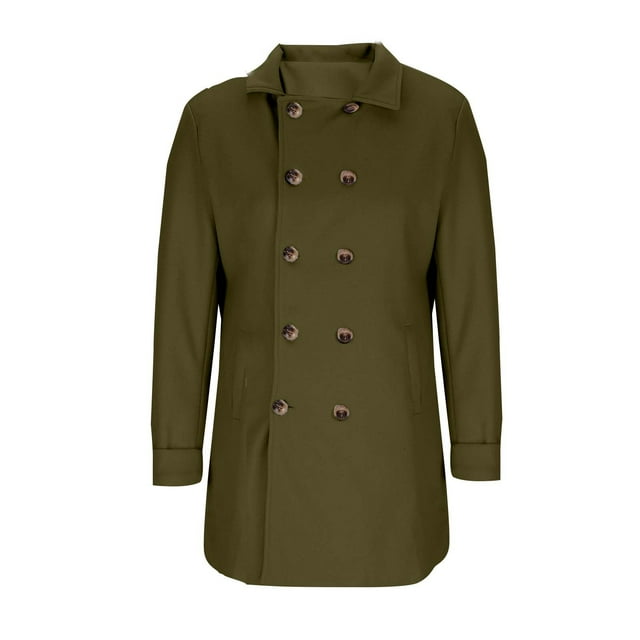 Lovzfmll Men's Wool Blend Trench Coat Double Breasted Mid-Length Notched Lapel Army Green, M