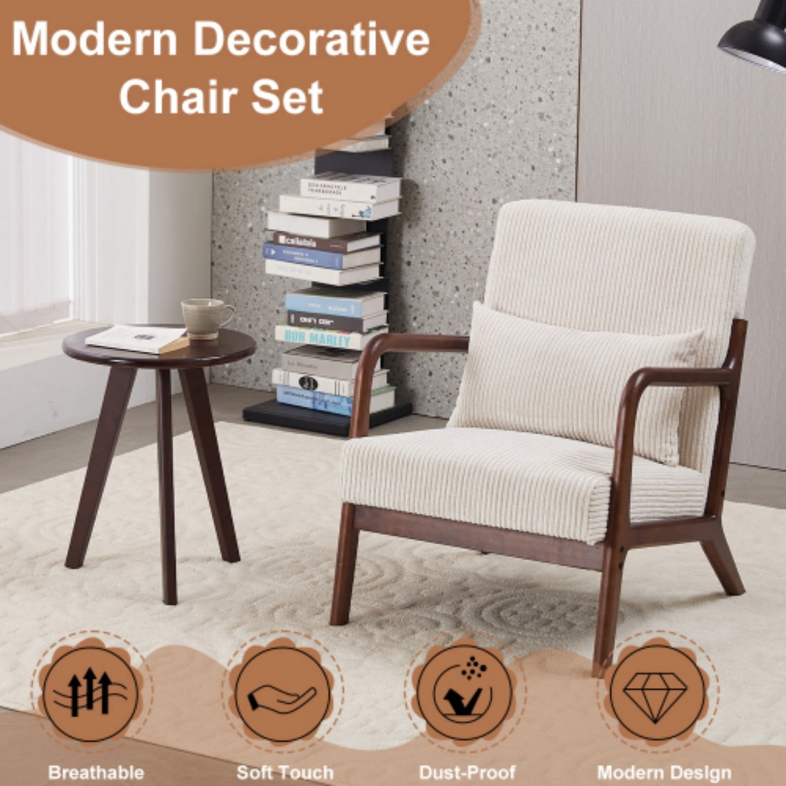 Mid-Century Modern Accent Chair, Upholstered Reading Arm Chair with Pillow, Solid Wood Frame Living Room Chair for Bedroom Balcony, White