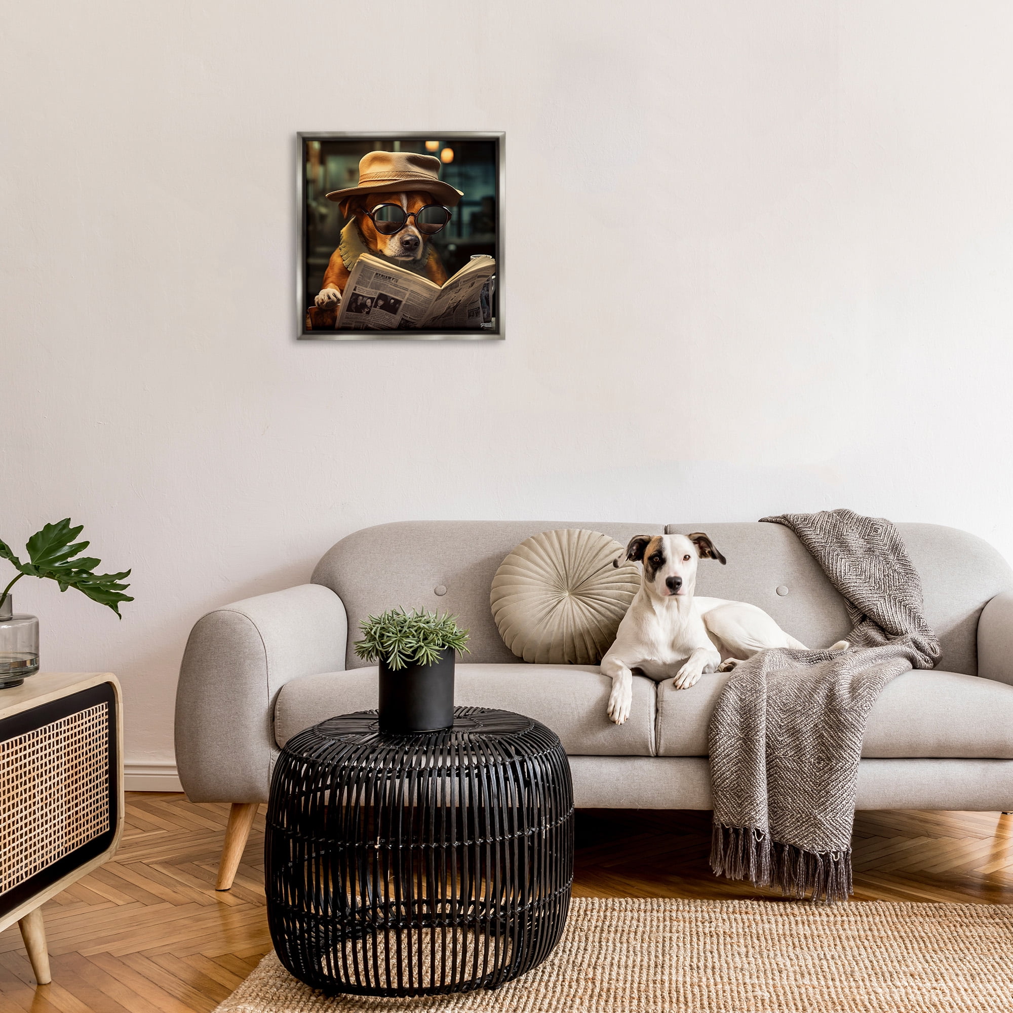 Stupell Industries Dog Reading Newspaper Animals & Insects Painting Gray Floater Framed Canvas Art Print Wall Art, 25 x 25