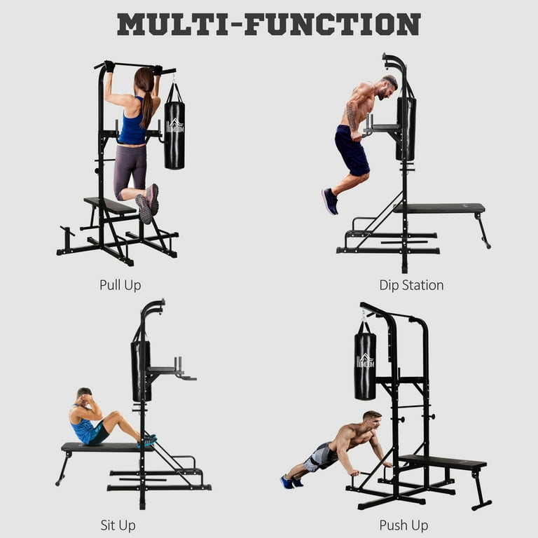 Soozier Multi-Function Training Stand Power Tower Station Gym Workout  Equipment WIth Sit Up Bench, Pull Up Bar, Black Bar for With Bench