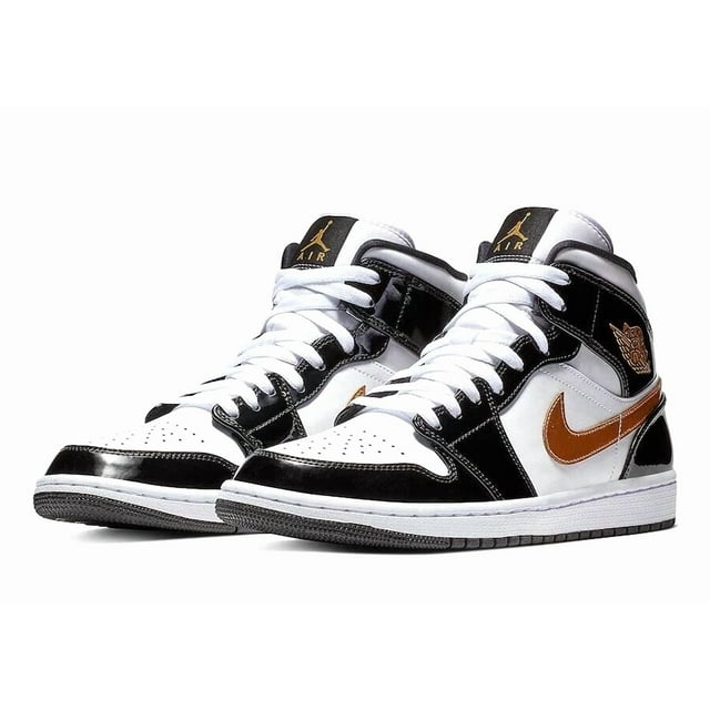 Ni - ke Air Jordan 1 Mid Patent 'Black Gold' 852542-007 Basketball Shoes 100%AUTHENTIC