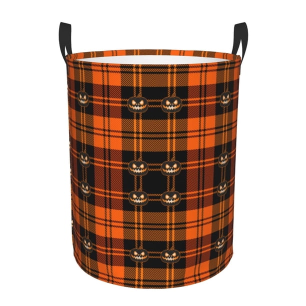 Balery Halloween Tartan Plaid Cesta de ropa redonda con asas, impermeable, independiente, para ropa, juguetes, dormitorio y familia-Small