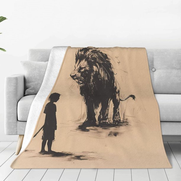 Fotbe Child And Lion Sketch Manta de Franela Acolchonada con Estampado, Súper Suave y Esponjosa, Extra Grande para Sofá, Cama, Uso Todo el Año-80"x60"