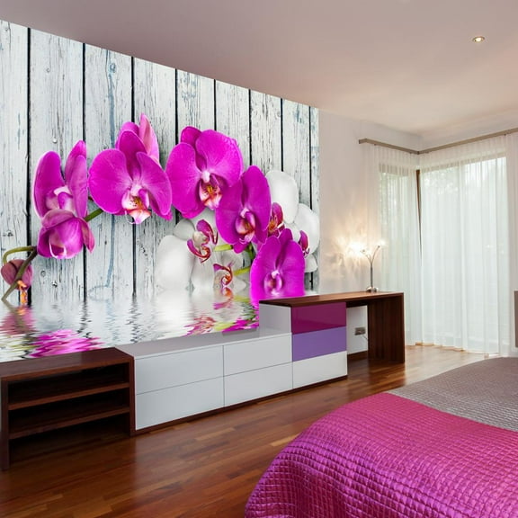 Tiptophomedecor Floral Wallpaper Wall Mural - Violet Orchids With Water Reflexion