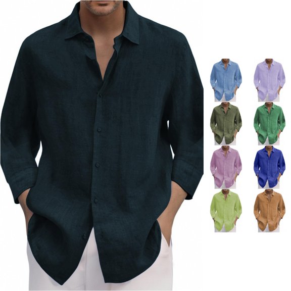 Zylarhe Mens Summer Shirts, Men 3/4 Sleeve Spring Summer Solid Casual Lapel Long Shirt Navy L