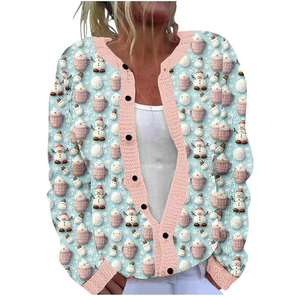 Idoravan Fall Sweaters for Women Cardigan Ugly Christmas Women's Casual Christmas Printed Knitted Cardigan Button Up Jacket Coat Multicolor L