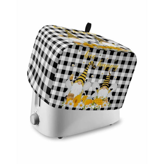 Daisy Bees Gnomes Toaster Cover 4 Slice, Large Kitchen Appliance Covers, Black White Plaid Farmhouse Toaster Oven Cover with Loop, Bread Machine Cover Polyester Dust Cover Protection