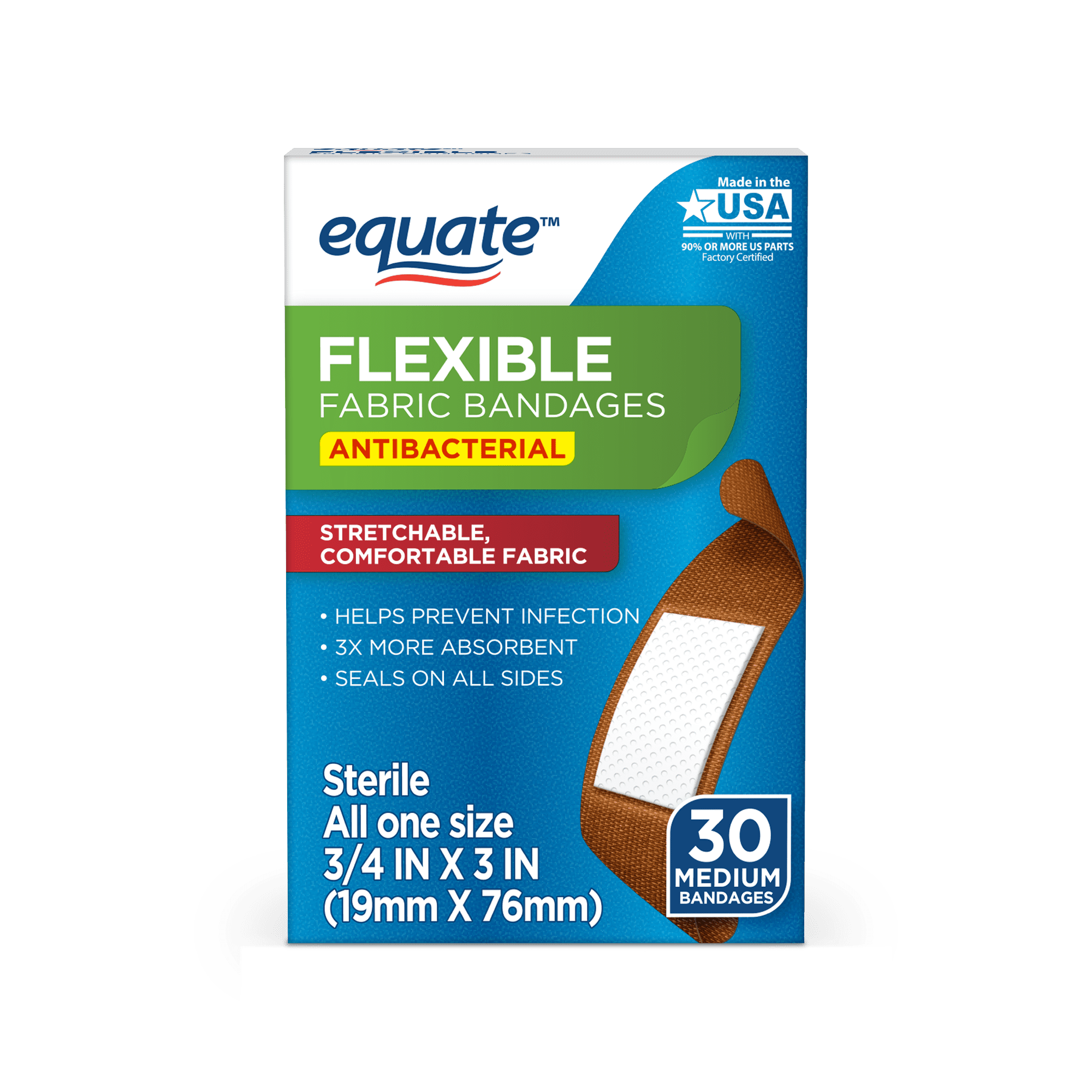 Equate Antibacterial Flexible Fabric Bandages, Medium, 30 count