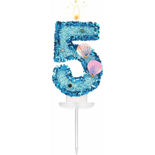 3 Inch Shell Birthday Number Candle, Glitter Number Candle Cake Topper Shell Sequins Cake Numeral for Birthday Wedding Anniversary Mermaid Themed Party (Blue, 5)