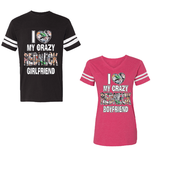 I Love My Crazy GF BF Unisex Couple Matching Cotton Jersey style T-Shirt Contrasting stripes on sleeves (Men Black / Women Pink) (Men S / Women M)