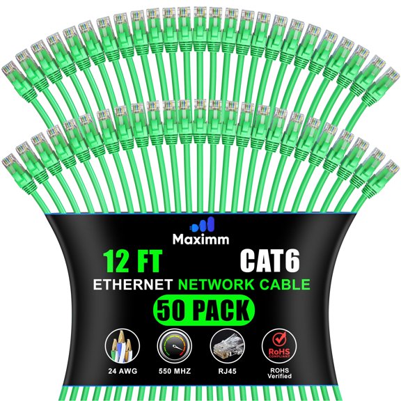 Maximm Cat 6 Ethernet Cable - 12 ft (50-Pack) - High-Speed LAN, Internet, Patch, and Network Cable - UTP, 10Gbps, 550MHz Ethernet Cord - Green