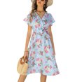 thumbnail image 3 of VISgogo Vestido casual de verano para mujer, estampado floral, cuello en V, manga corta, cinturón, una pieza para damas, blanco/rosa/azul claro/negro VISgogo  moda, 3 of 9