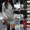 thumbnail image 2 of Fall Winter Dress Thickened Plush Solid Color Loose Round Neck Stretchy Hem Cuff Pullover Above Knee Length Daily Wear Mini Dress, 2 of 8