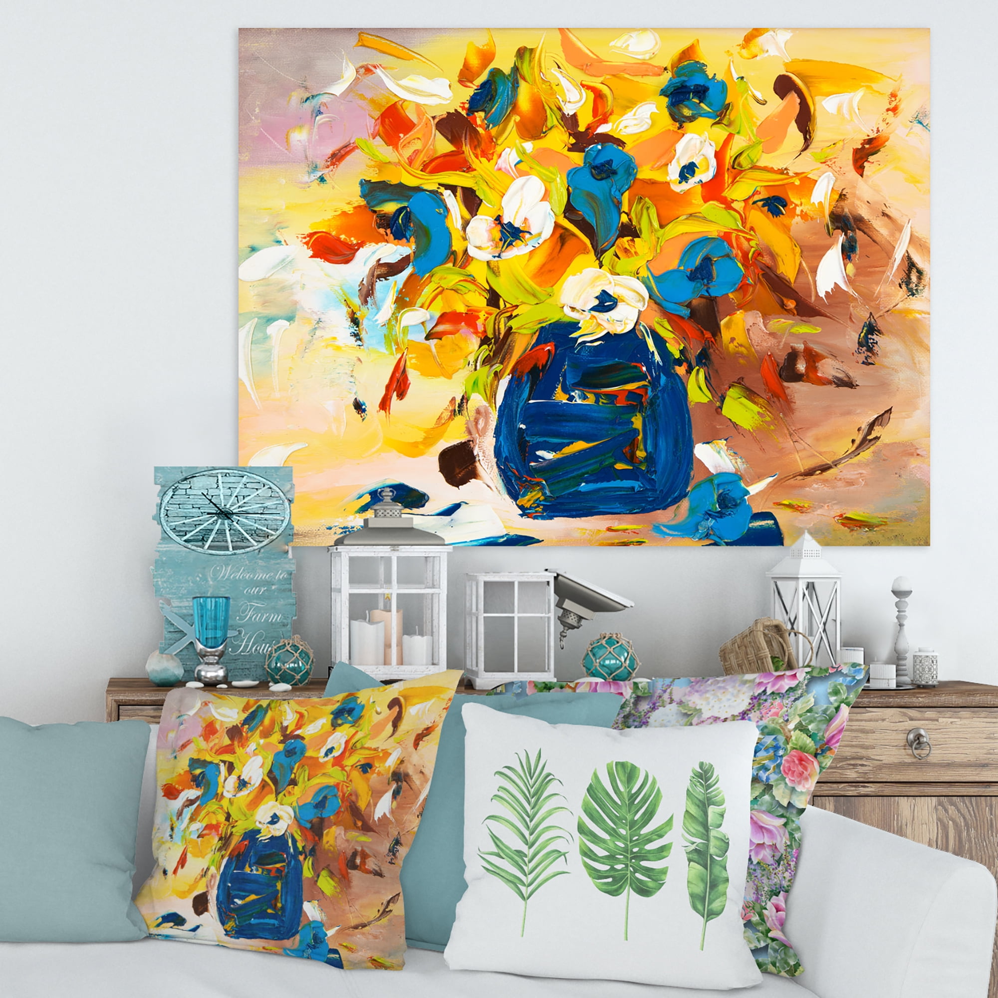 Designart ' A VIbrant Flower Bouquet In Blue and Yellow ' Traditional Canvas Wall Art Print