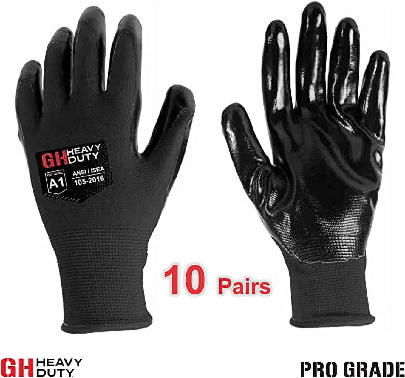 GH Heavy Duty Nitrile Reusable Work Gloves, All Purpose Working Gloves with Cut Resistant Palm, Smooth Nitrile Dip Gloves (10-Pair) Large