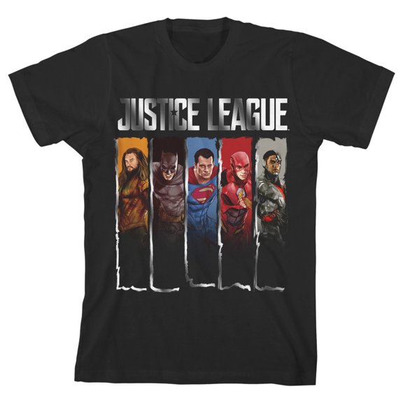 Justice League Movie Superhero Panels Boy's Black T-shirt-XS
