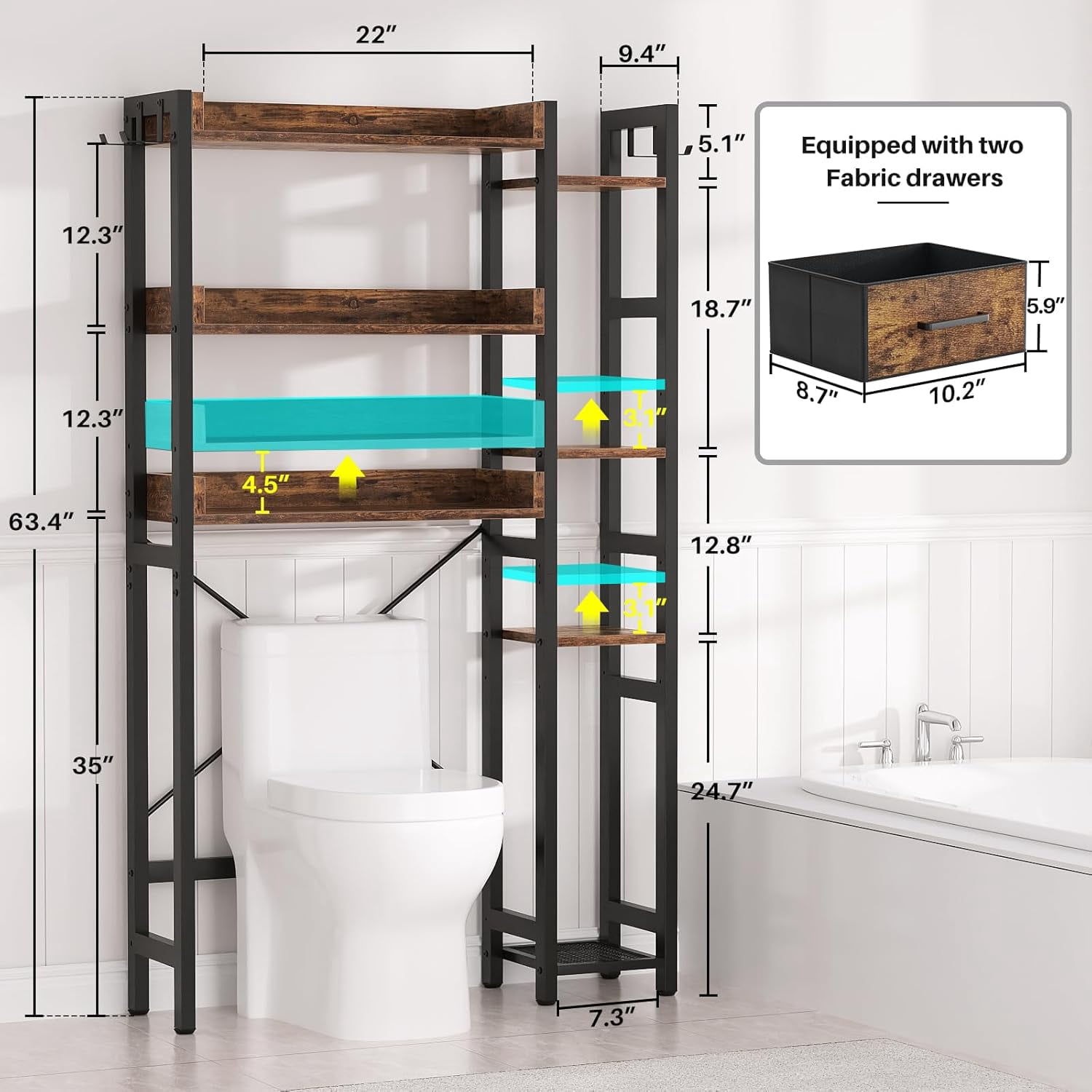 Over the Toilet Storage Upgraded version with 2 Drawers 7 Tier Bathroom Organizer with Adjustable Shelf Freestanding Space Saver above Toilet Stand with 4 Hooks Metal Bathroom Organizer, Rustic Brown