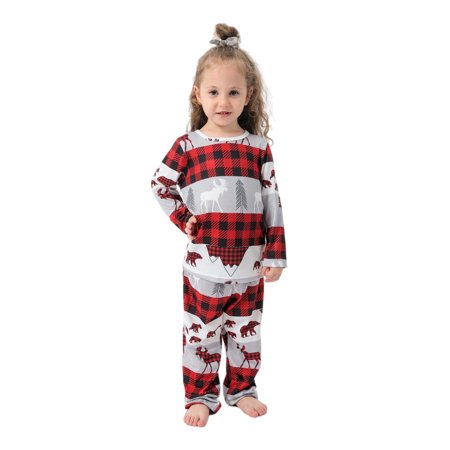 

Christmas Sleepwear Xmas Cartoon Printed Loungewear Long Sleeve Plaid Pajamas Family Matching Nightgown Kid 8-9Y