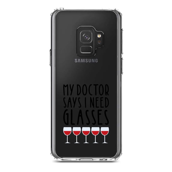 DistinctInk Clear Shockproof Hybrid Case for Samsung Galaxy S9 (5.8" Screen) - TPU Bumper Acrylic Back Tempered Glass Screen Protector - My Doctors Says I Need Glasses - Wine