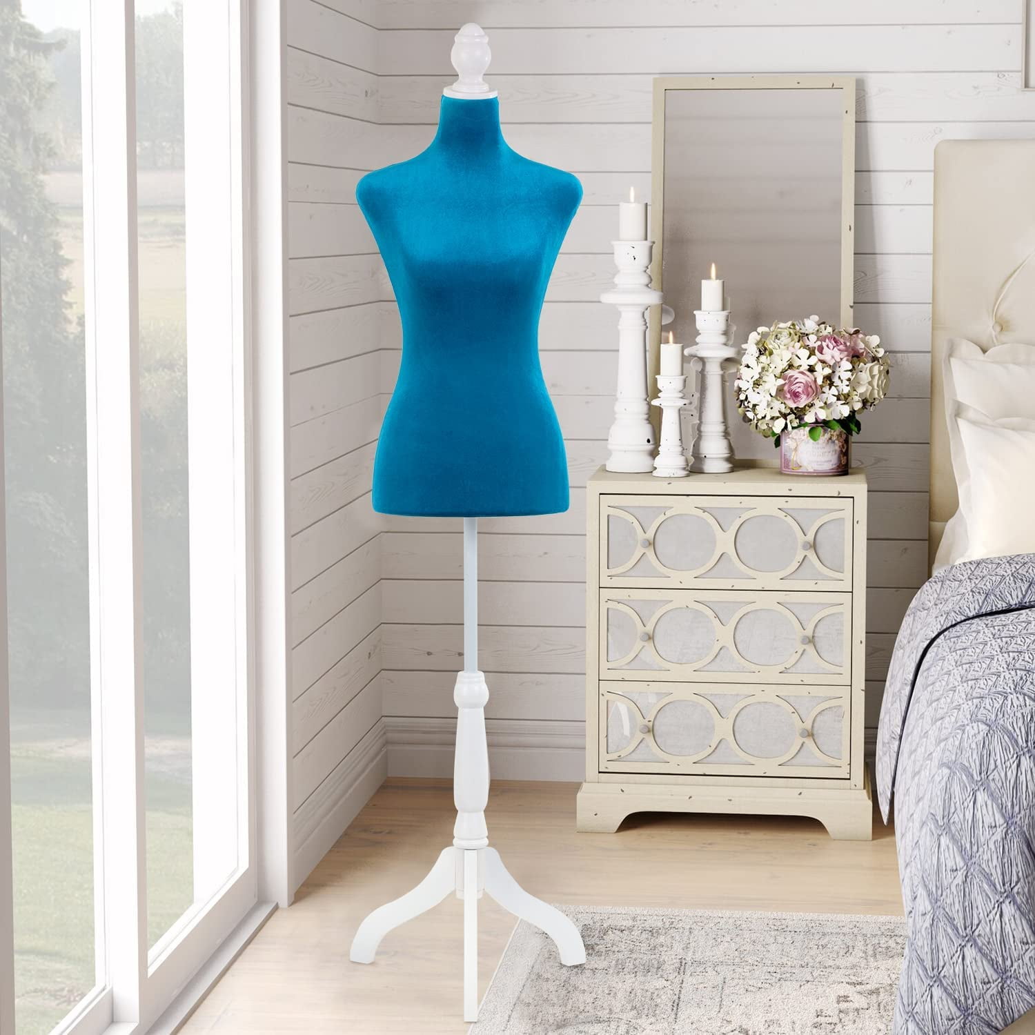 Mannequin Body Female, Dress Form Mannequin Torso Manikin with 49.6-63.7 inch Height Adjustable Wooden Tripod Stand, High Density Foam Portable Display Mannequin for Sewing Dress Display, Blue
