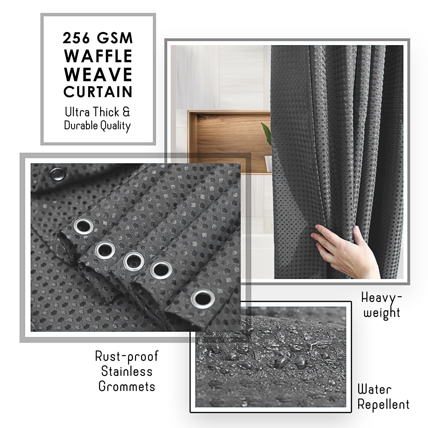 (2 pack) LammaLoe Gray Shower Curtains, Waffle Weave Heavy Duty Fabric Shower Curtain, 72” x 72" Hotel Luxury 256 GSM Bathroom Curtains