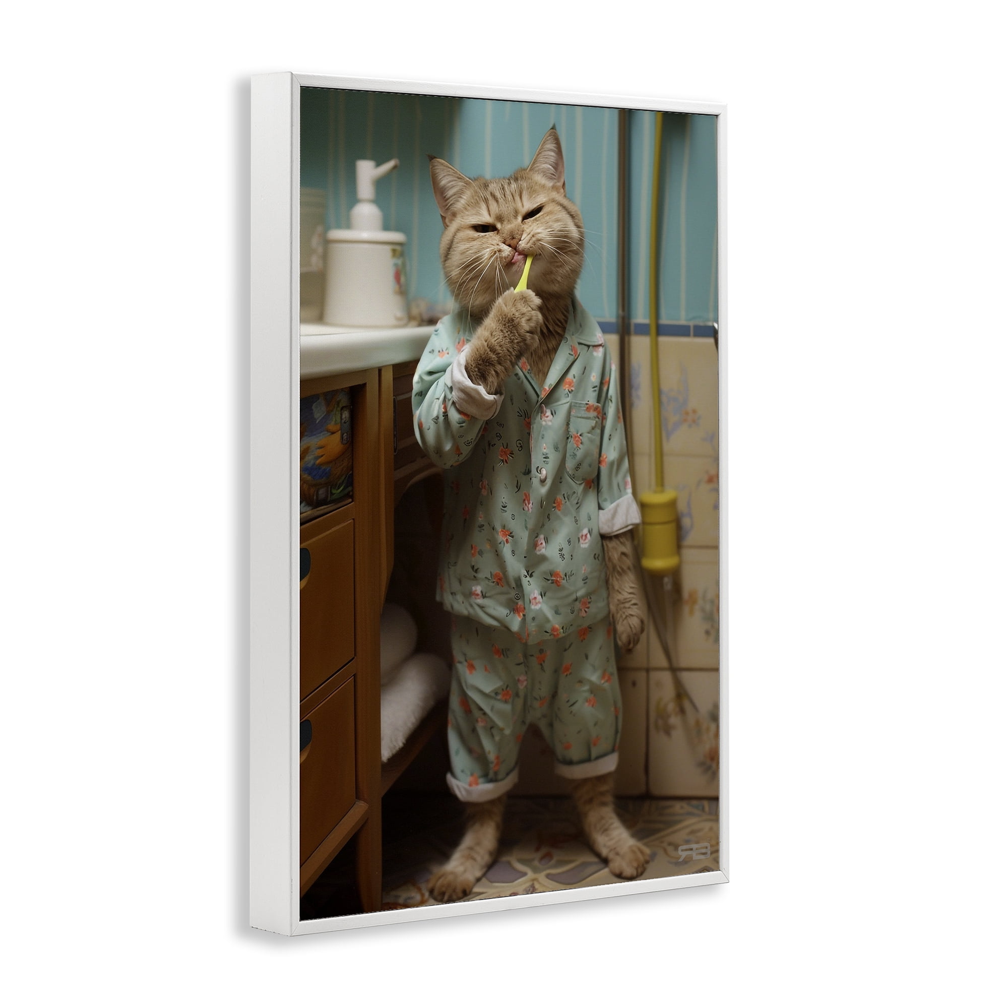 Stupell Industries Cat Brushing Teeth Typography Painting White Framed Art Print Wall Art, 16 x 24