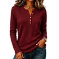 thumbnail image 2 of Dwellite Women Long Sleeve Sweater Waffle Oversized Pullover Tops Casual Loose Henley Blouses for Fall Winter Wine XL, 2 of 9