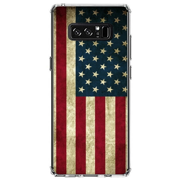DistinctInk Clear Shockproof Hybrid Case for Samsung Galaxy Note 8 - TPU Bumper, Acrylic Back, Tempered Glass Screen Protector - Red White Blue United States Flag Old - America