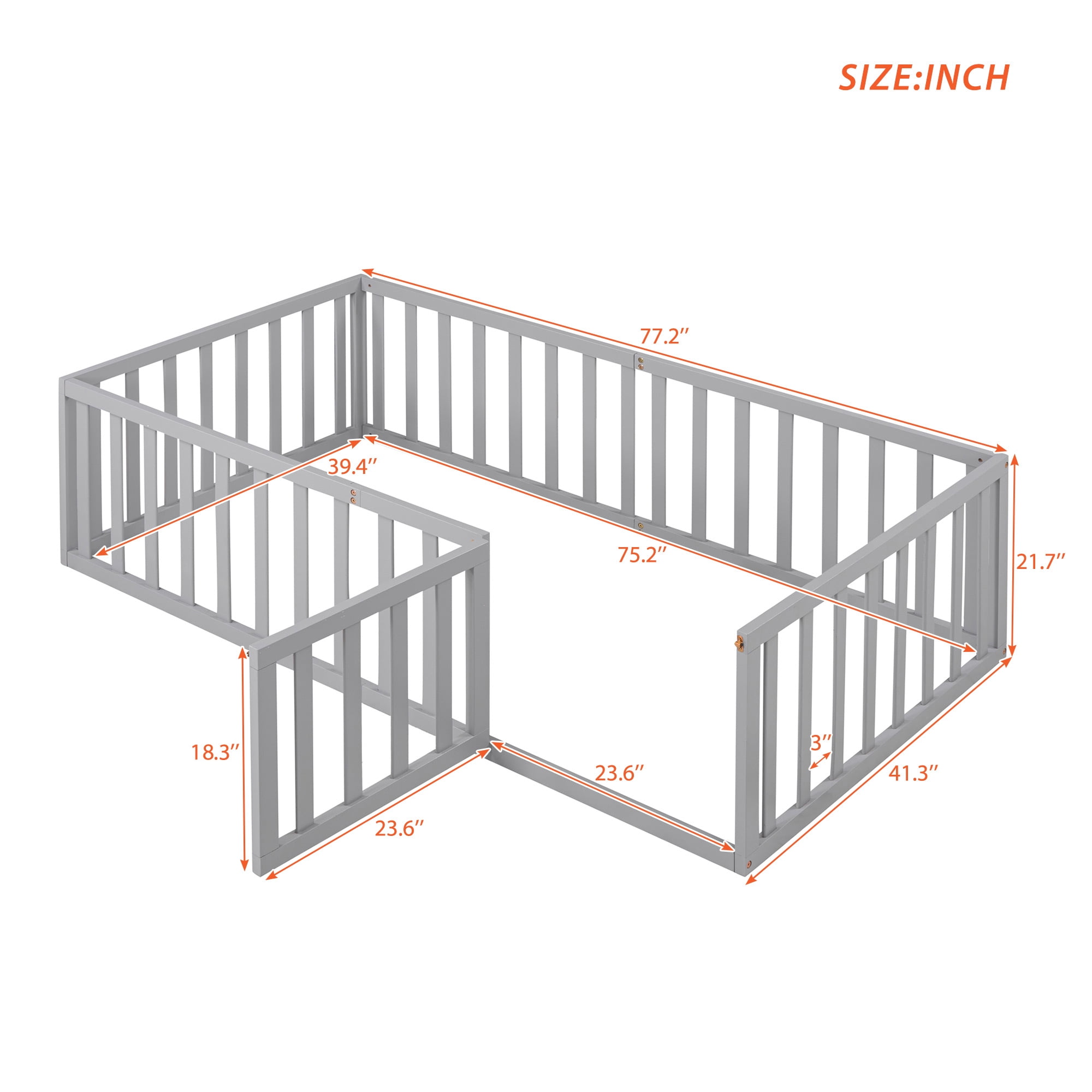 Kumix Twin Floor Bed with Fence and Door, Wood Floor Bed Frame for Teens, Noise-Free Low Floor Bed for Bedroom, Dorm, No Weight Capacity Limit, Easy Assembly, Gray
