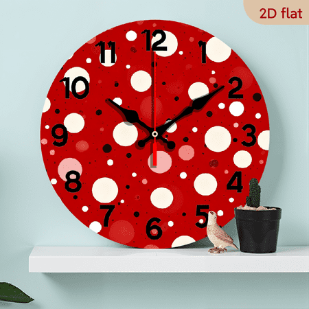 Wllo0ord 2D Flat 1pc 10Inch Wooden Wall Clock Red White Polka Dot Clock Battery Operated Wall Clocks Silent Non-Tcking Round Wallpaper for Lving Room Round Decorative Wall Clock for Kitchen Home