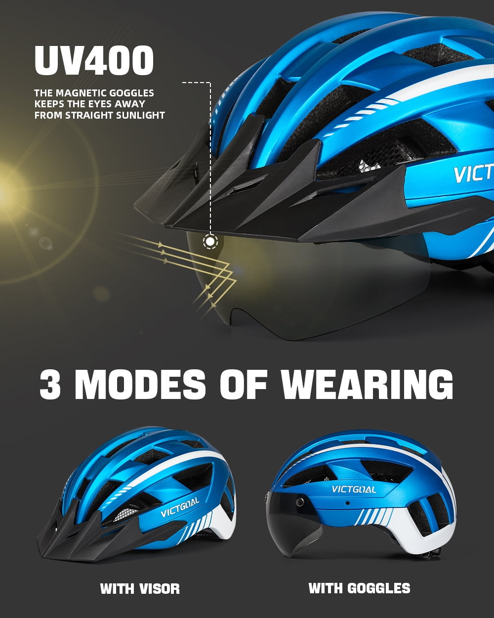 VICTGOAL Bike Helmet with Visor and Goggles USB Rechargeable Light for Adult Men Women