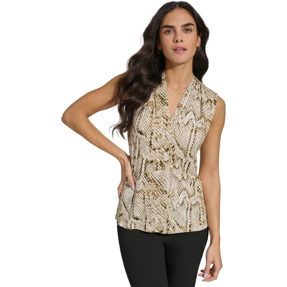 Calvin Klein Womens Marble Top Peasant Blouse,  ltbeige , XL, Multicoloured, X-Large