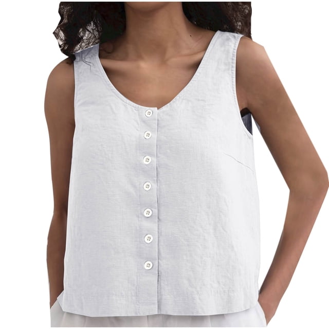 Débardeur pour Femmes, Mode Féminine Été Décontracté Coton et Lin Sans Manches Col Rond avec Boutons