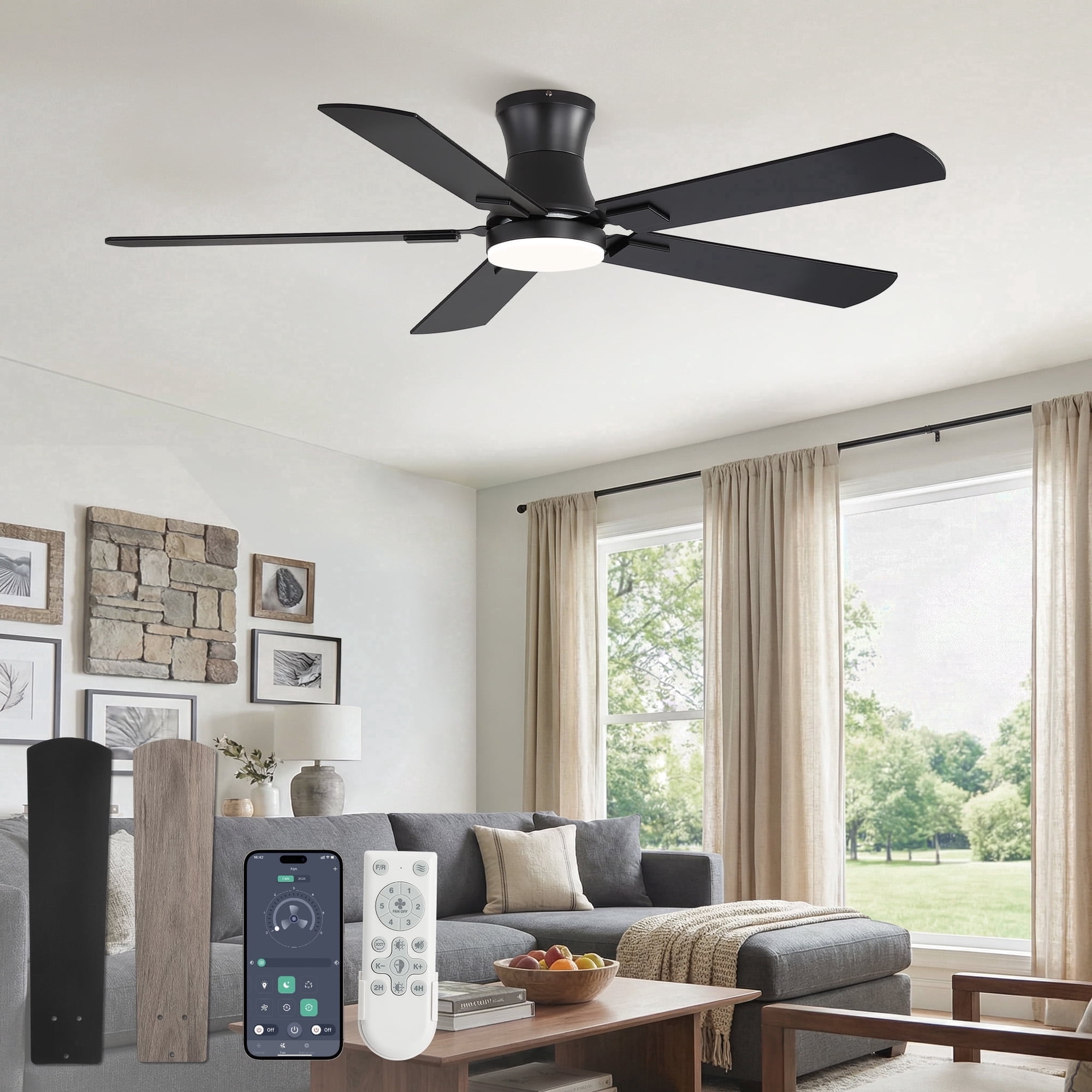 Lokivas 52" Ceiling Fan with Light and Remote, Quiet Reversible DC Motor, 6-Speed Flush Mount Ceiling Fan for Living Room, Bedroom, Black